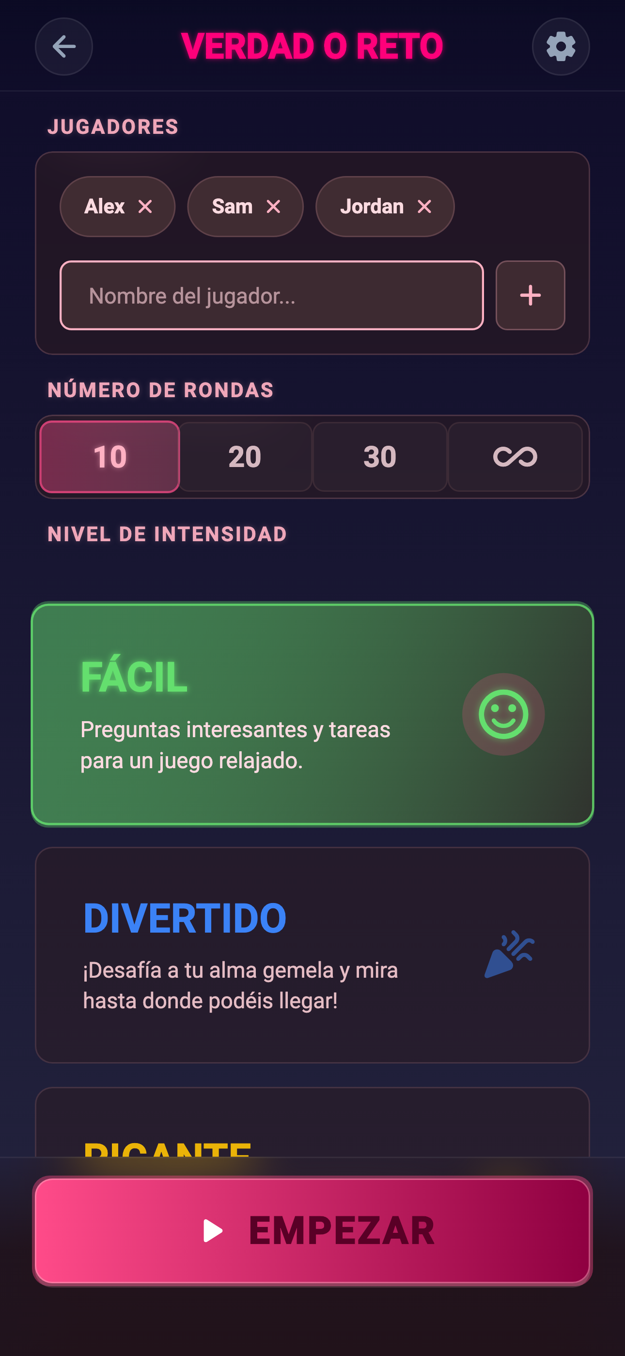 Game setup screen